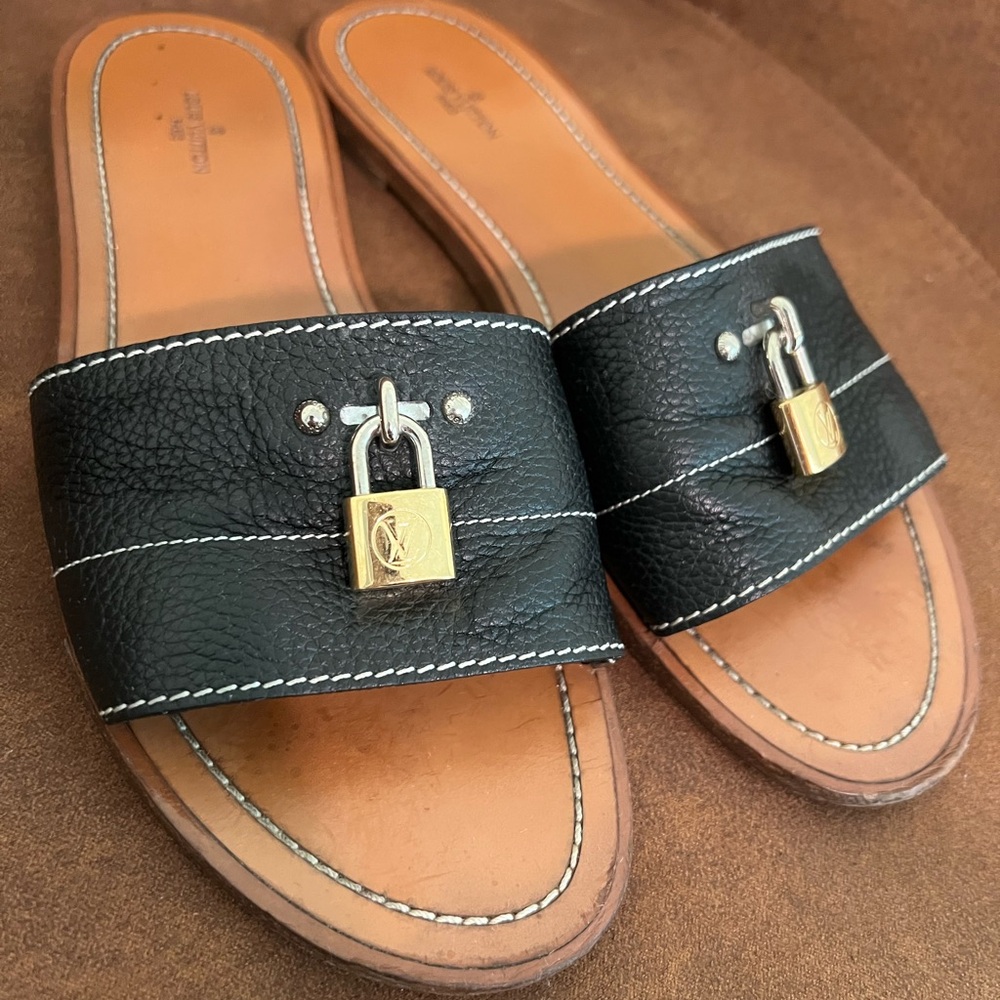 Louis Vuitton Black Leather Slide Sandals with Gold Lock Detail
